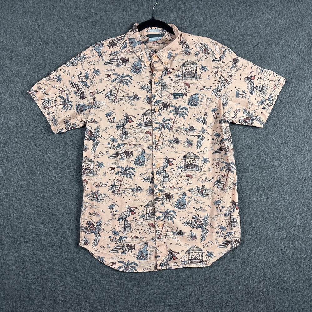 Columbia Short Sleeve Button-Down Shirt in Light Peach with Navy and Brown Print